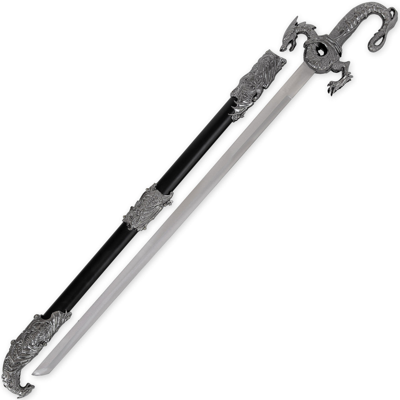 Sea of Flames Dragon Serpent Silver Ceremonial Royal Dynasty Saber Sword w/ Hard Scabbard