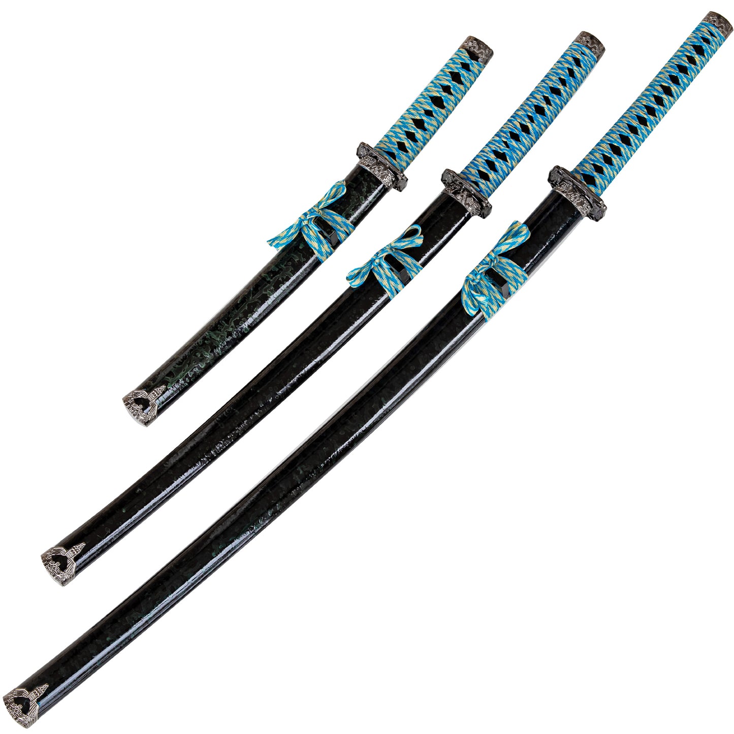 Mizuchi’s Blessing Historical Replicas | Japanese Tachi Wakizashi Aikuchi Tant? Short Sword Katana Set of 3 Swords w/ Stand