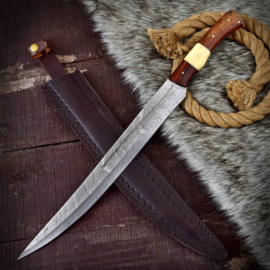 Damascus Steel Full Tang Germanic Style Single-Edged Long Sword W/ Sheath
