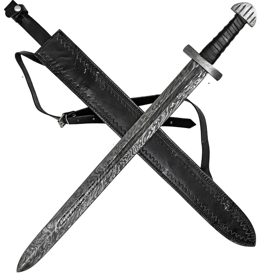 Arbitrary Provocation Hand Forged Firestorm Damascus Steel Medieval Costume Cosplay Sword w/ Black Genuine Leather Sheath