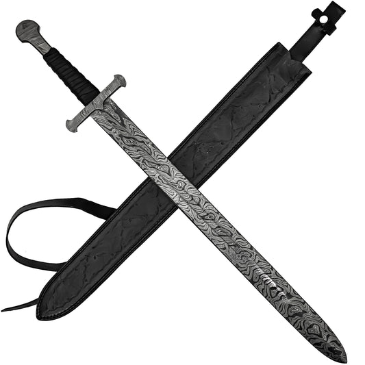 Devoted Guidance Medieval Inspired Full Tang Hand Forged Damascus Steel Templar Sword w/ Genuine Leather Sheath