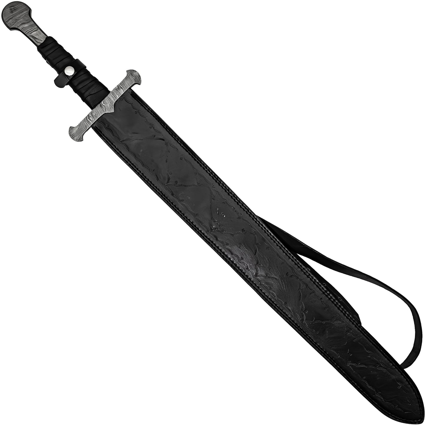 Devoted Guidance Medieval Inspired Full Tang Hand Forged Damascus Steel Templar Sword w/ Genuine Leather Sheath