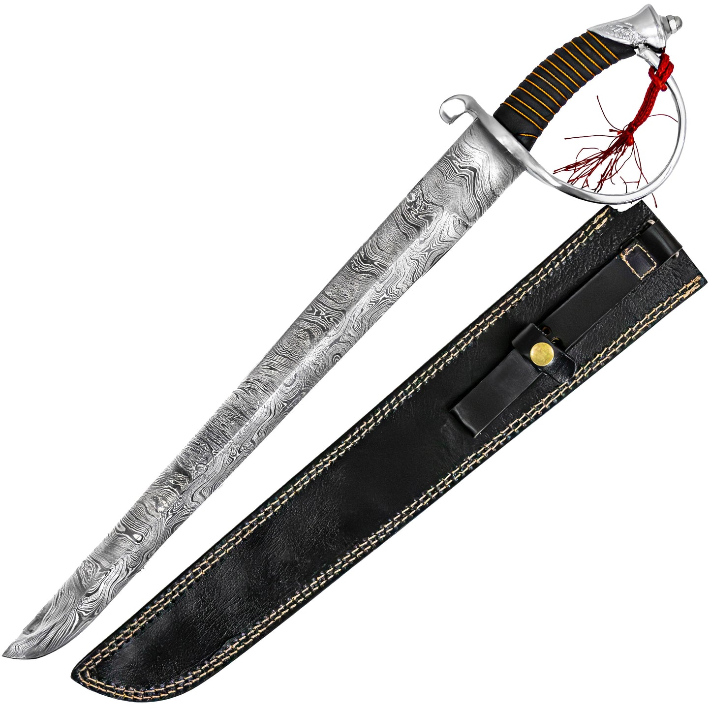 Resolute Discipline Damascus Steel NCO Ceremonial Peened Tang US Military Marine Sword Saber Replica w/ Red Tassel & Genuine Leather Sheath