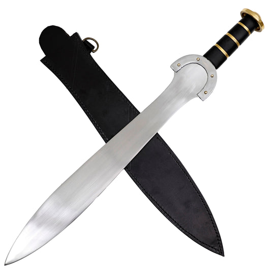 Daghda Exalted Celtic Style Leaf Blade Hand Forged High Carbon Steel Sword Curved Guard Brass Pommel w/ Leather Sheath