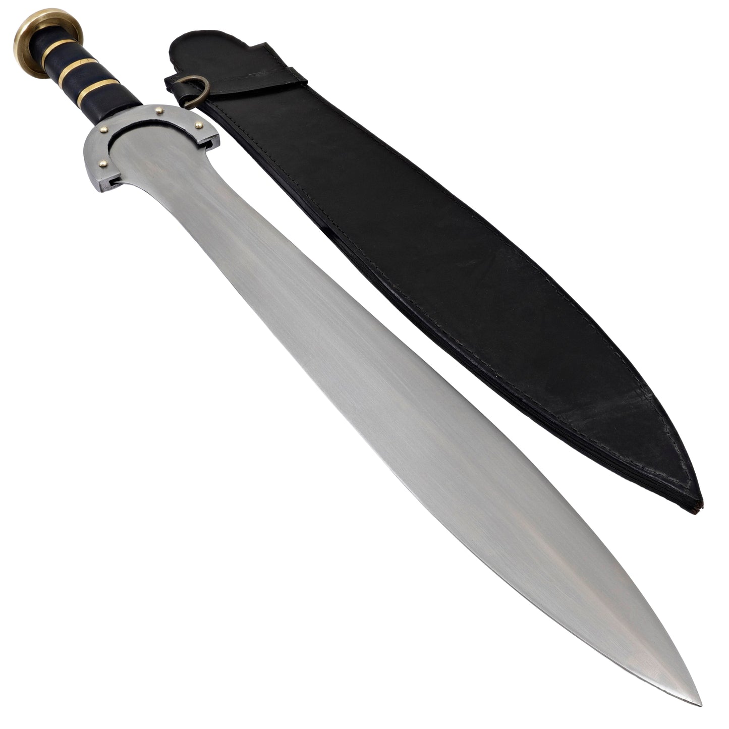 Daghda Exalted Celtic Style Leaf Blade Hand Forged High Carbon Steel Sword Curved Guard Brass Pommel w/ Leather Sheath