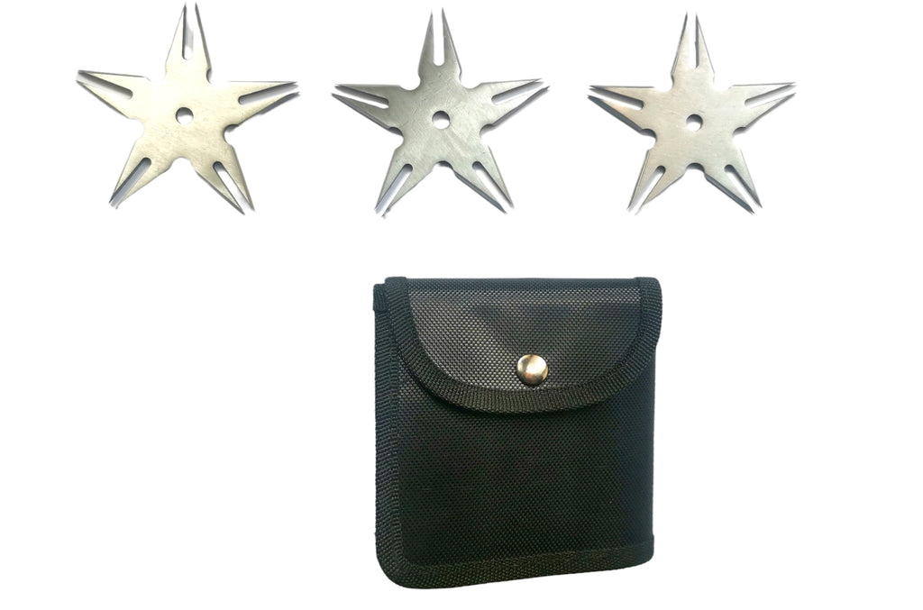 3 Pc Throwing Stars W CASE Silver Color