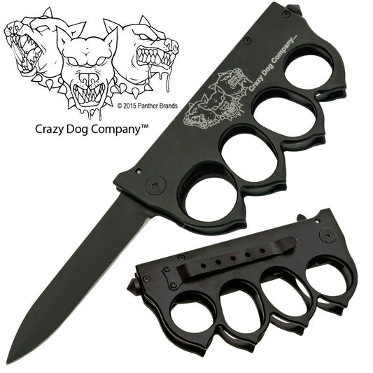 Triple Headed Dog Brass Buckle Spring Assisted Folder