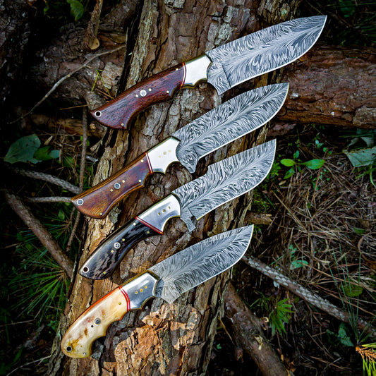 Path Less Travelled Feather Damascus Hunting Knife Selection