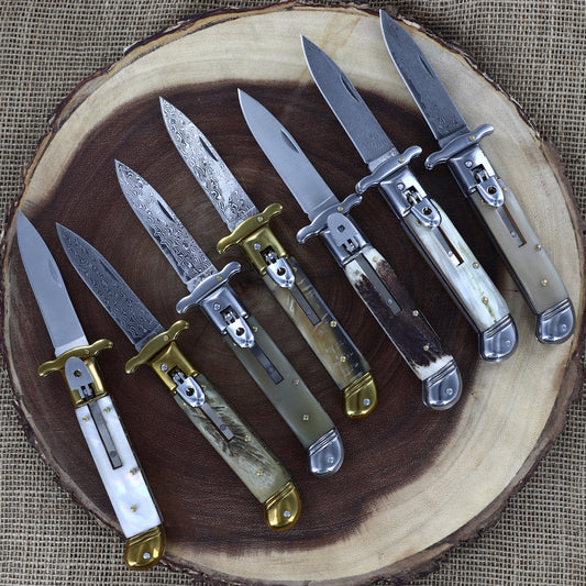 Organic Steel Automatic Lever Lock Stiletto Knives Choice of 7 Horn and Pearl Grips Damascus/ Stainless Steel Blades