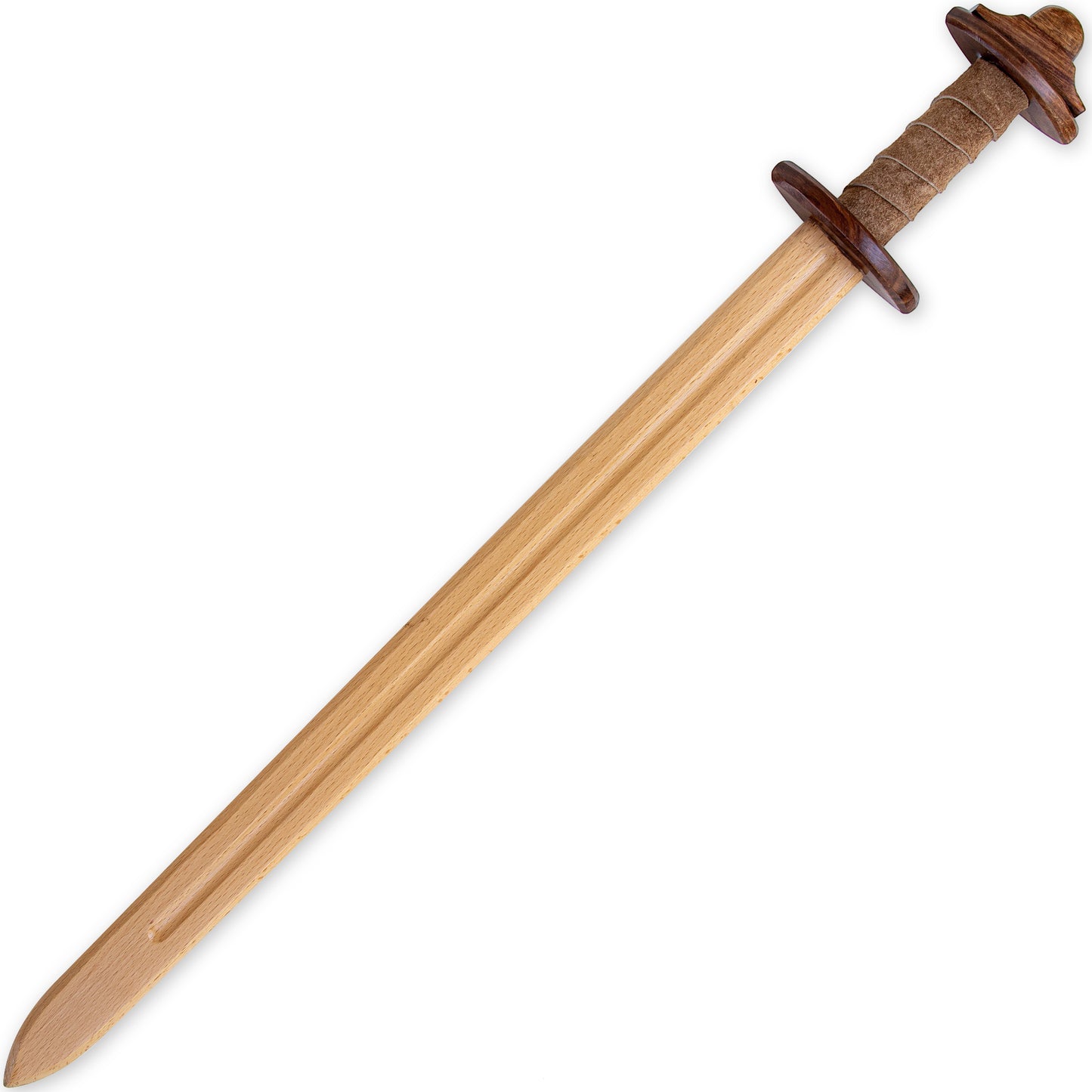 Steamed Beech Wood Practice Viking Sword | Lobed Pommel & Brown Leather Wrapped Handle