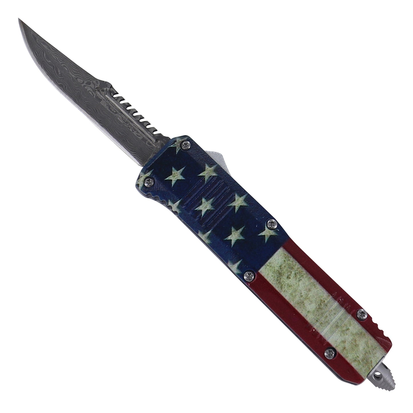 Red White and Blue-Blooded Damascus Steel Automatic OTF Knife