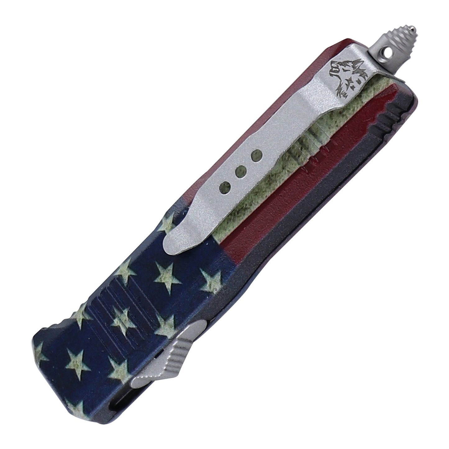 Red White and Blue-Blooded Damascus Steel Automatic OTF Knife