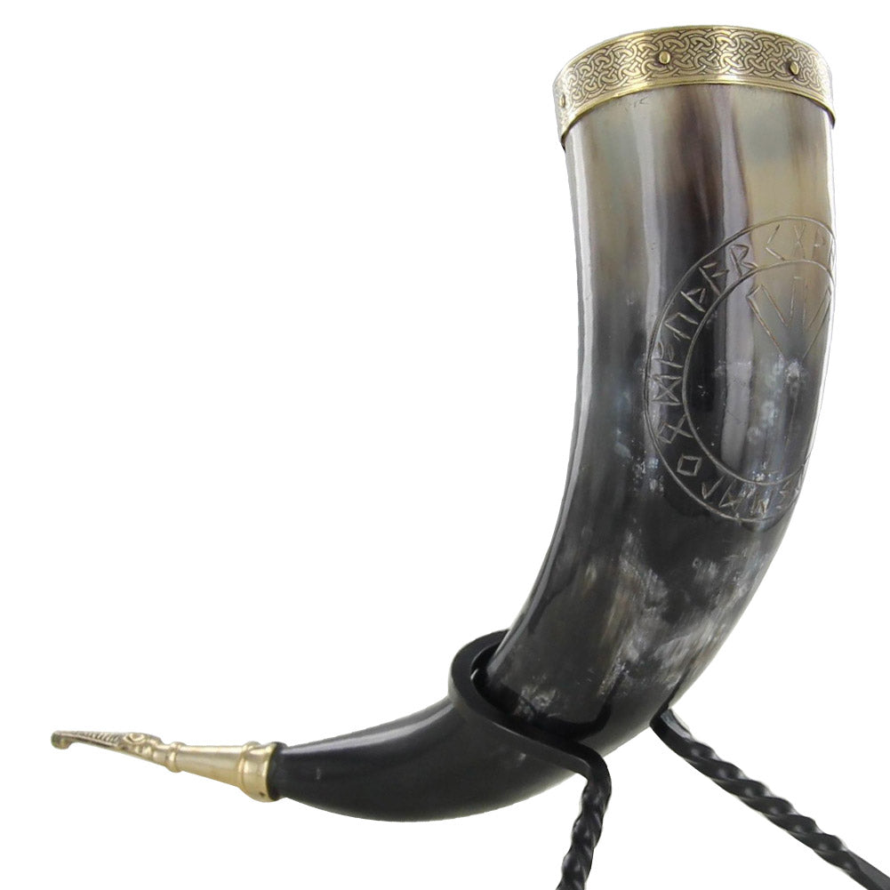 Algiz Protection Viking Handmade Stand Drinking Horn Set