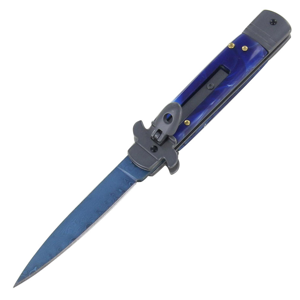 Automatic Deep Blue Stiletto Damascus Knife