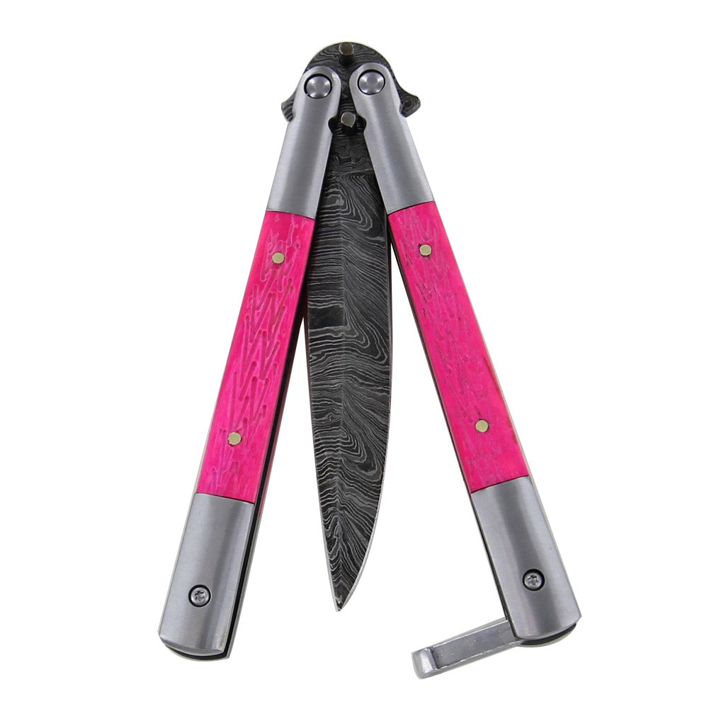 Balisong Pocket Damascus Cherry Blossom Butterfly Knife