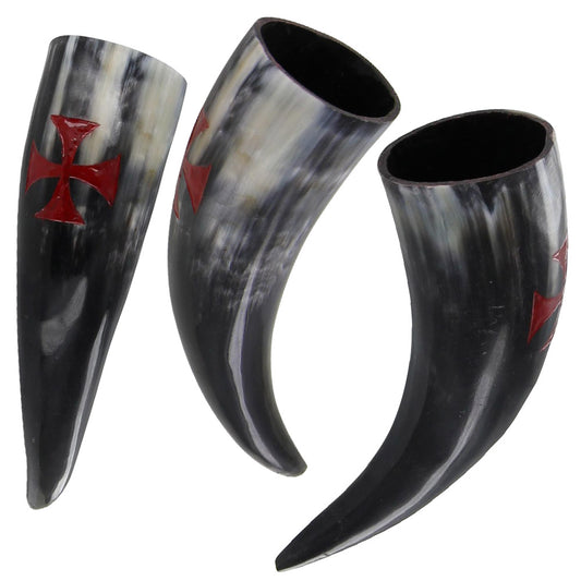 Hand Carved Knights Templar Drinking Horn Set