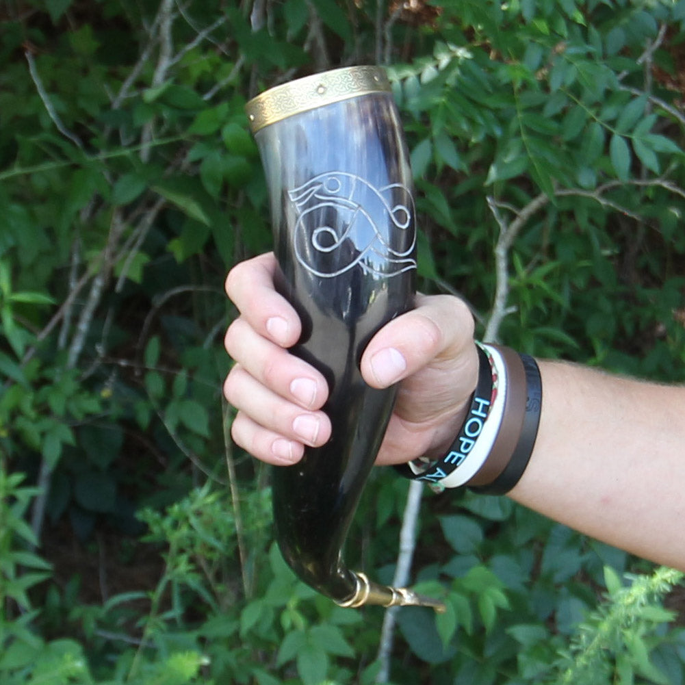 Brass tip  Drinking Horn With Jormungandr