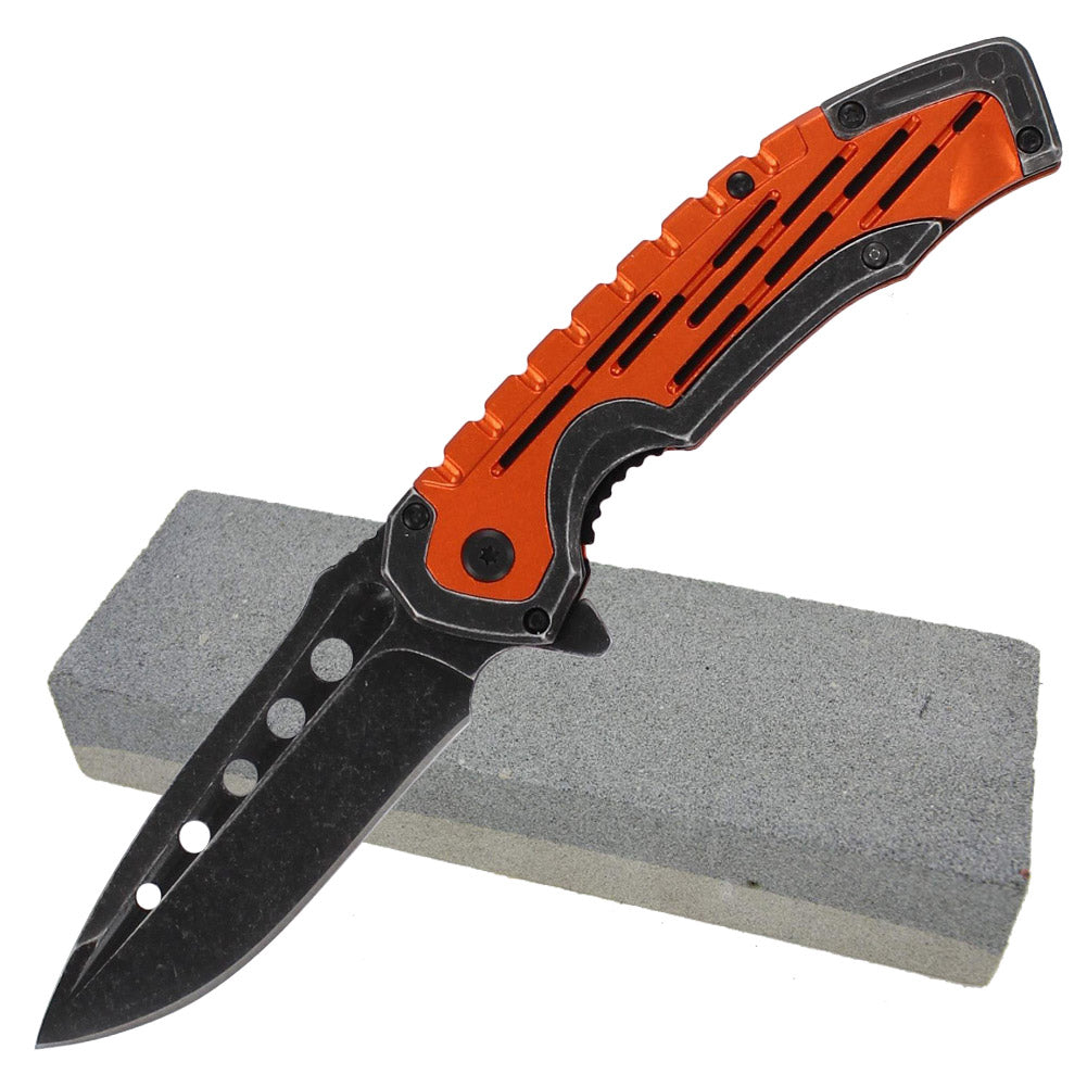 Industrial Strength Pocket Knife with Spring Assist FREE Sharpening Stone Combo