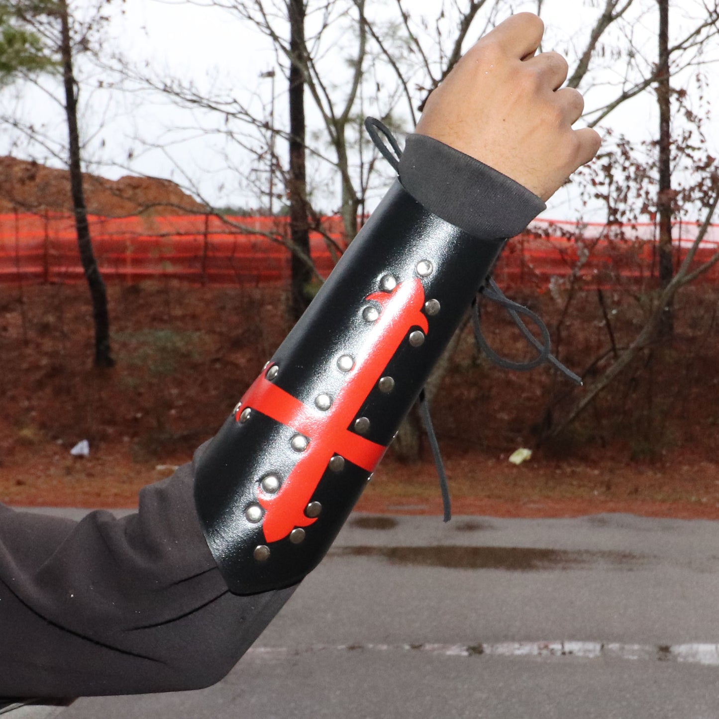 Holy Warrior Medieval Lace Up Leather Bracer | Black and Red |