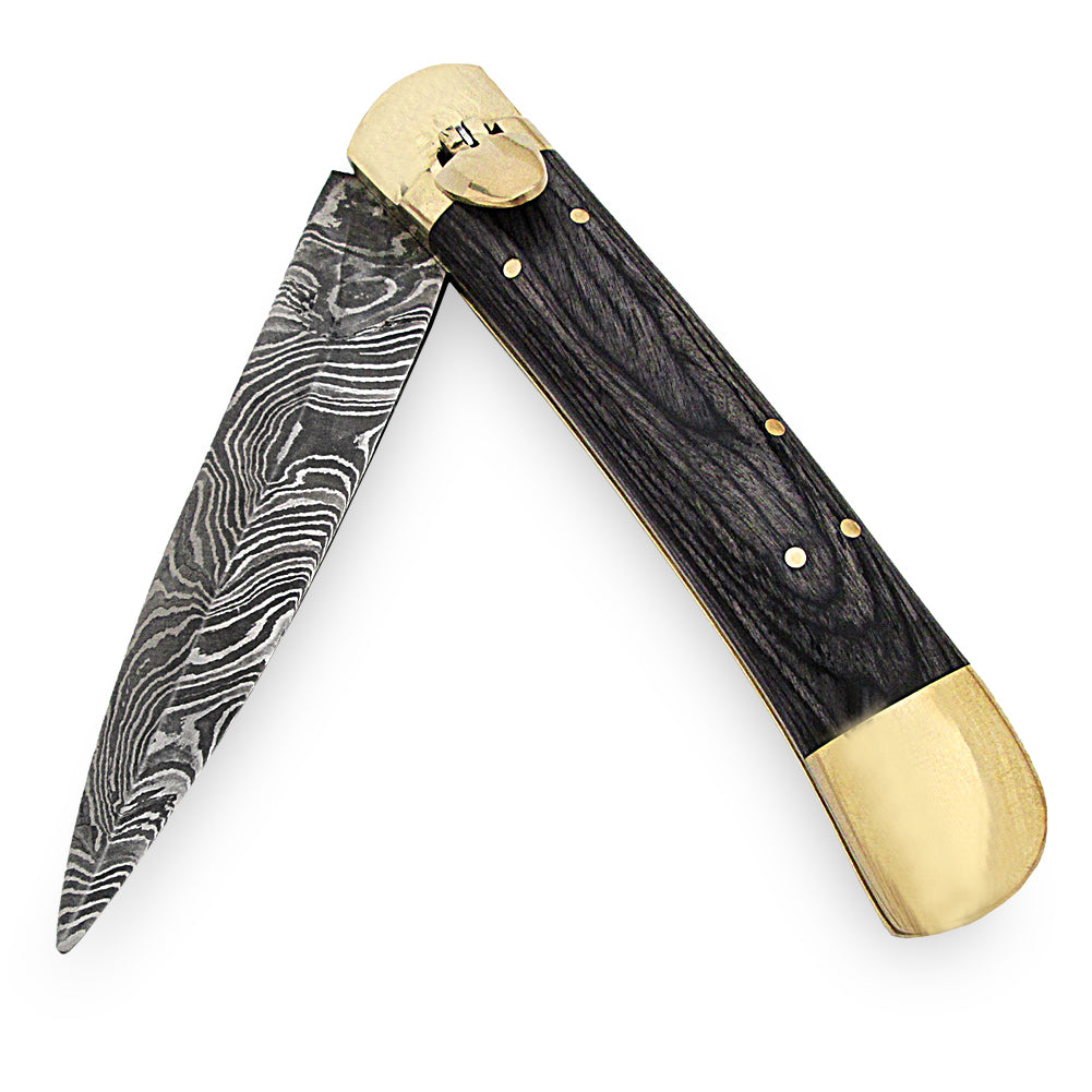 Weathered Ash Lever Lock Damascus Auto Knife