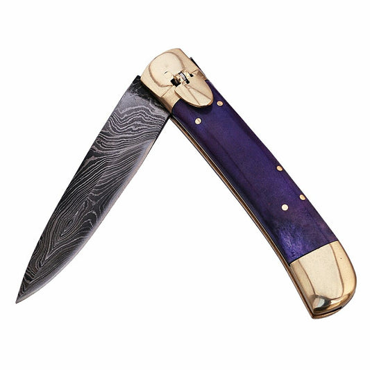 Automatic Damascus Purple Phantom Lever Lock Knife