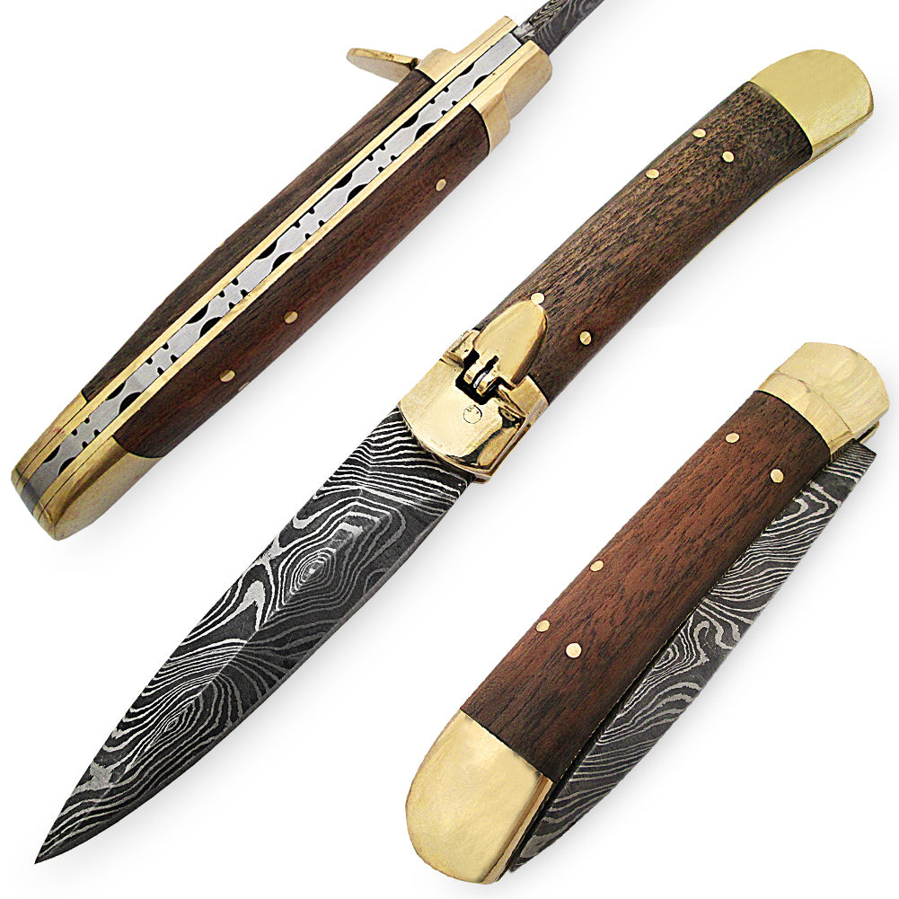 Damascus Lever Lock Delta Ridge Automatic Knife