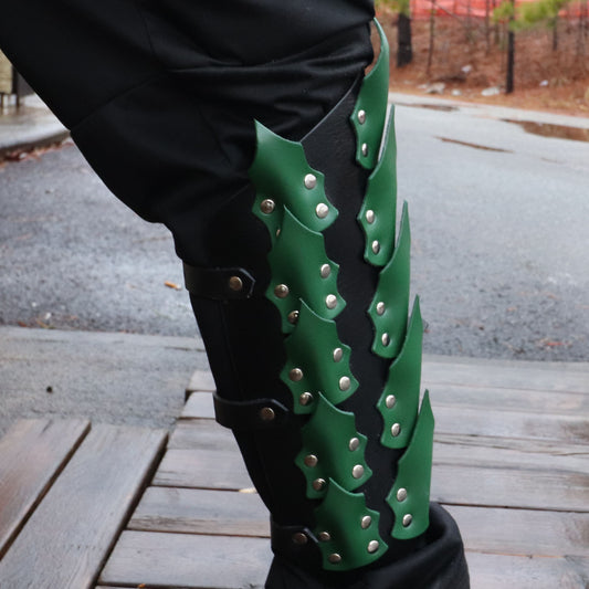 Drogos Fury Dragon Scale Adjustable Leather Leg Greaves | Black and Green |